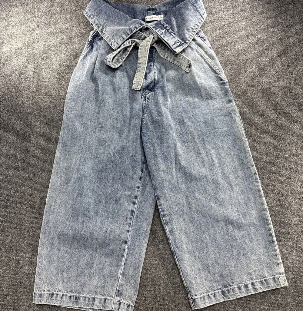 Walk In Dark Acid Wash Paperbag Waist Wide Leg Crop Jeans Medium